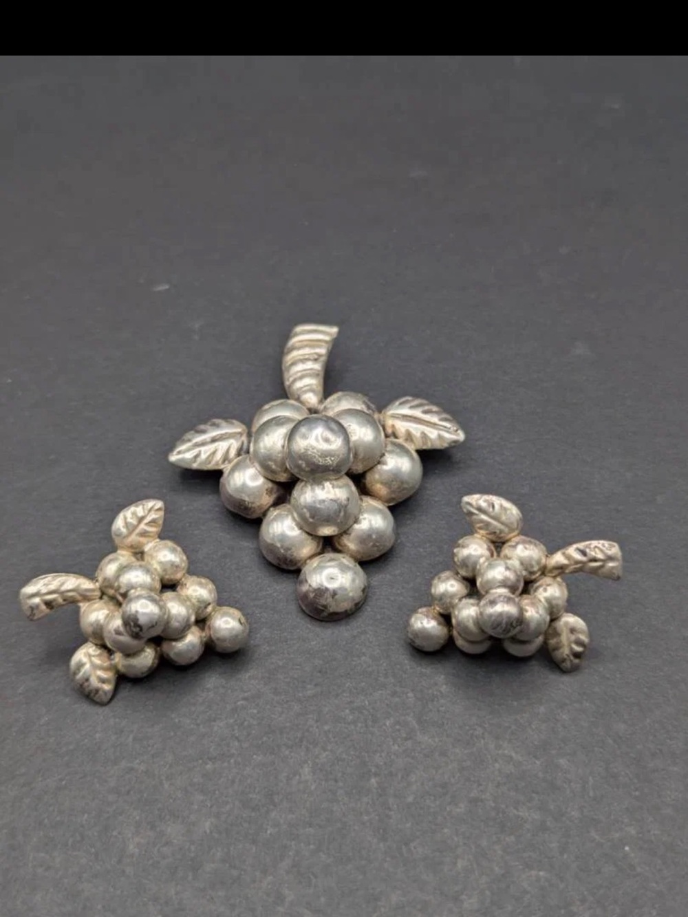 Vintage Taxco Mexico Sterling Silver Grape Brooch & Screw-Back Earring Set 12g